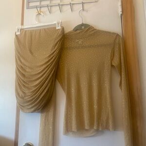Tan sparkly matching set with long sleeve top and skirt